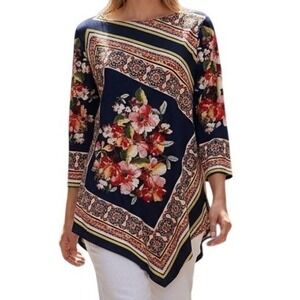 🆕 SLINKY BRAND Navy Blue Floral Scarf Print Handkerchief Hem Tunic Top S